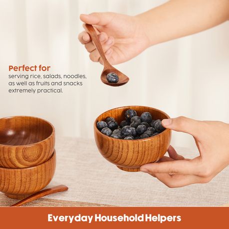 Handcrafted Wooden Bowl & Spoon Set - 4 Bowls & 4 Spoons