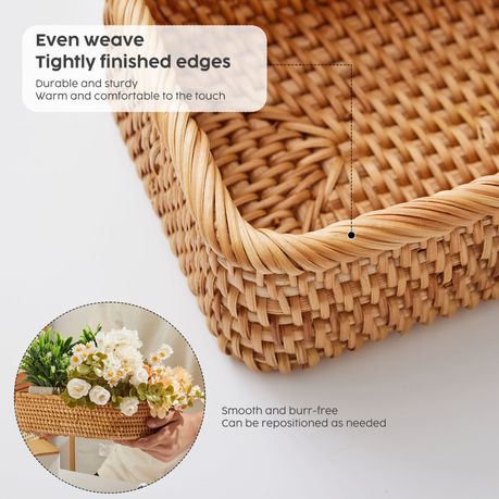 Rattan Storage Baskets 3Pc Handwoven Rectangular Nesting Wicker Trays