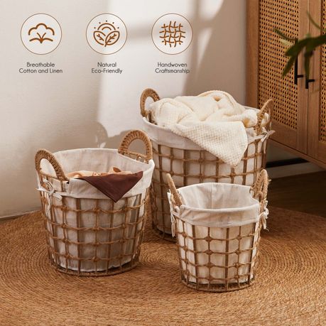 3Pc Woven Hemp Cotton Bedroom Laundry Toy Clothes Storage Basket