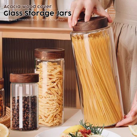 3Pc Acacia Wood Lid Airtight Glass Kitchen Pantry Food Storage Jar