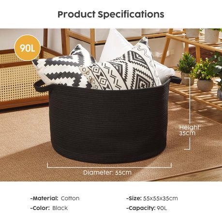 90L Woven Laundry Basket Foldable Storage Hamper Decor Organiser - Black