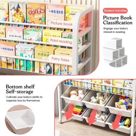 Kids Bookshelf Mobile Toy Storage Organiser Trolley Bookcase
