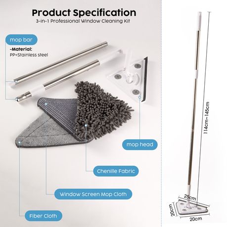 3-in1 Triangular Wall Mop Window Cleaning Kit - Squeegee Extension Pole