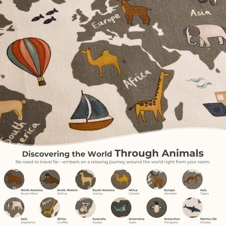 Cotton Kids Wall Poster | World Map with Animals | 70 × 48 cm