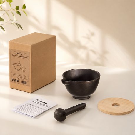 Cast Iron Mortar & Pestle with Lid Grinder Spice Mixing Tools 15cm