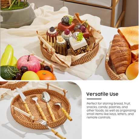 Kitchen Rattan Serving Tray Baskets with Bamboo Handles - 3Pc