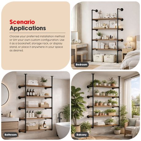 Chenshia 5-Tier Industrial Wall Mount Iron Pipe Shelving Bracket DIY Shelf