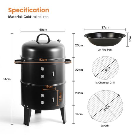 3-in-1 Vertical Charcoal Braai & Smoker BBQ Grill with Thermometer
