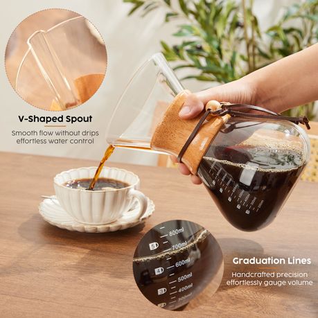Chenshia 1L Glass Pour Over Coffee Maker Stainless Steel Filter & Wood Grip
