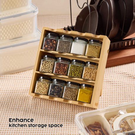 Chenshia 3 Tier Bamboo Spice Rack Shelf with 12 Glass Jars Storage & Labels