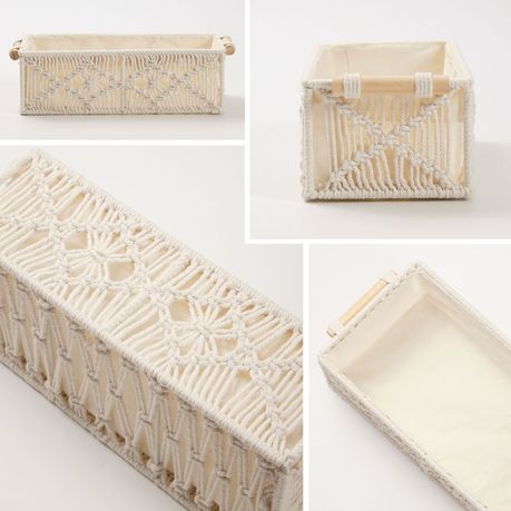 Boho Cotton Rope Storage Basket Woven Macrame Organizer Bin Twin Pack