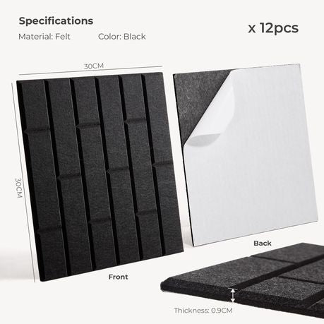 Self-Adhesive Acoustic Felt Panels | 12-Pack | 30 × 30 cm
