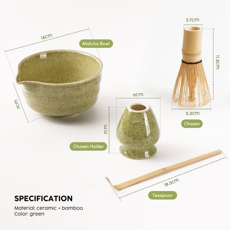 Japanese Matcha Gift Set - 4Pc Ceramic Bowl, Bamboo Whisk & Stand Spout