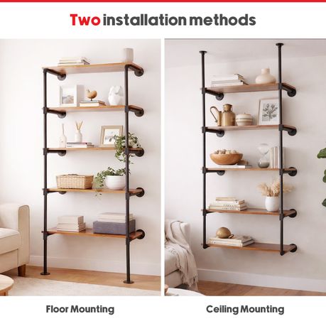 5-Tier Iron Pipe Open Shelf Storage Office Kitchen Floating Rack