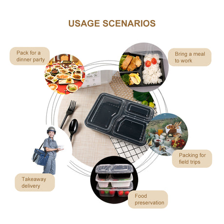 Chenshia 10Pc Meal Prep Container Set - 3 Compartment Lunch Boxes - 1000ml
