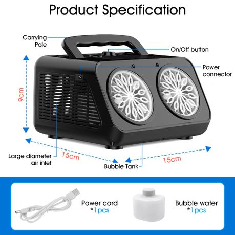 Black Dual-Fan Automatic Bubble Machine | 20,000+ Bubbles | LED Lights