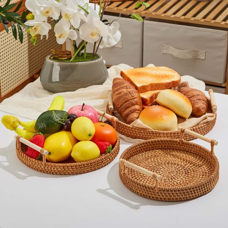 Kitchen Rattan Serving Tray Baskets with Bamboo Handles - 3Pc