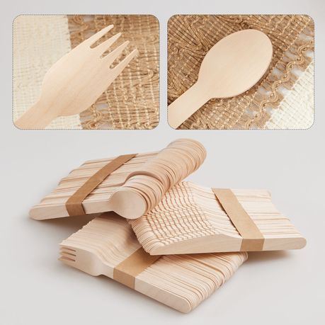 200Pc Biodegradable Natural Birch Wood Cutlery Combo Set