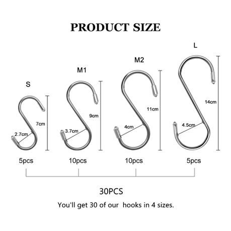 S-Shaped Hooks 30 Pack Stainless Steel Hanging Pegs