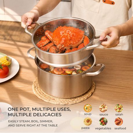 Stainless Steel Steamer Pot with Glass Lid - 5.8 L