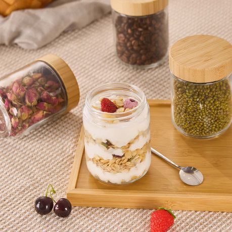 Chenshia 4Pc Overnight Oat Jars Airtight Container Bamboo Lid Glass Food Storage - 470ml