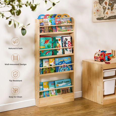Solid Pine Kids Bookshelf | 4-Tier Front-Facing Display Rack