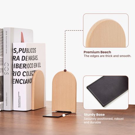 L-Shaped Beech Wood & Metal Bookend Set