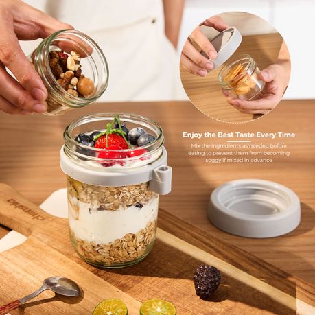 Glass Overnight Oats Jars with Lids & Spoons | 450 ml + 115 ml Topping Cup