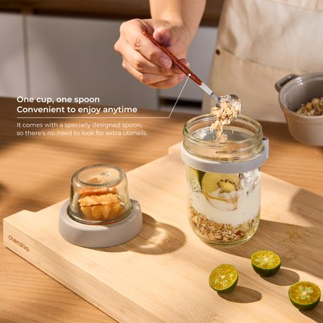 2-Pack Glass Overnight Oats Jars with Lids & Spoons | 450 ml + 115 ml Topping Cup