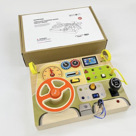 Wooden Car Steering Wheel Busy Board Electronic LED Sensory Travel Toy