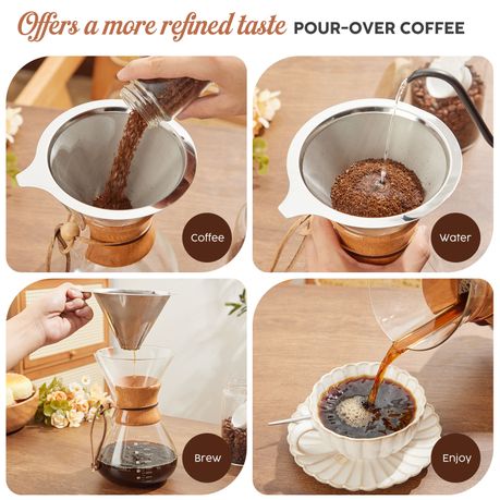 Chenshia 1L Glass Pour Over Coffee Maker Stainless Steel Filter & Wood Grip