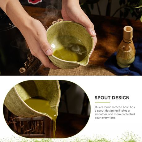 Japanese Matcha Gift Set - 4Pc Ceramic Bowl, Bamboo Whisk & Stand Spout