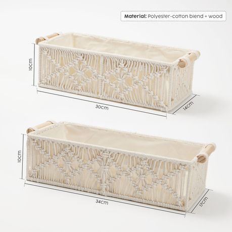 Boho Cotton Rope Storage Basket Woven Macrame Organizer Bin Twin Pack