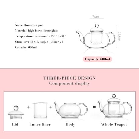 600ml Exotic Transparent Glass Teapot with Glass Infuser