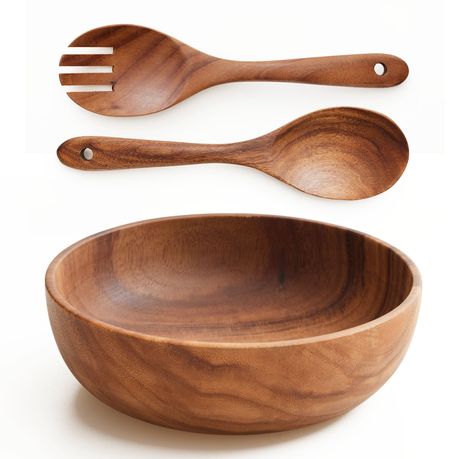 Chenshia Acacia Wood Salad Bowl With Fork Spoon Natural Tableware -23.7cm