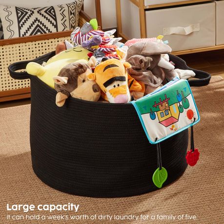90L Woven Laundry Basket Foldable Storage Hamper Decor Organiser - Black