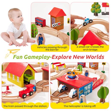 Wooden Train Set Tracks Railway Toy