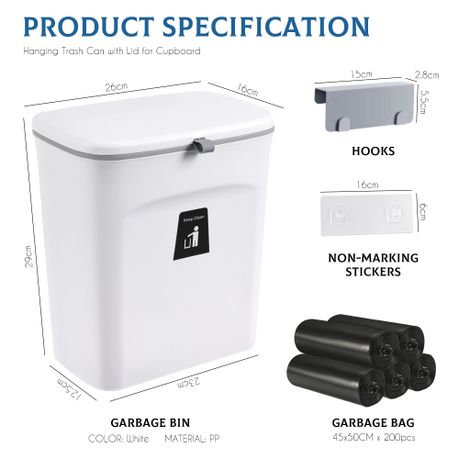 9 Litre Hanging Kitchen Trash Can with Lid & 100 Waste Bags