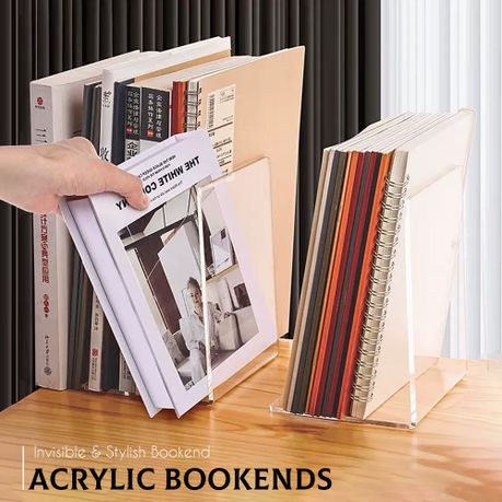 Chenshia -4Pcs Clear Acrylic Bookends For Book Stopper, Shelves, Desk, Home
