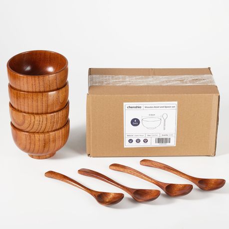 Wooden Poke Bowls Miso Soup Bowl Acai Smoothie Bowl Spoons Set - 6 bowls & 6 spoons