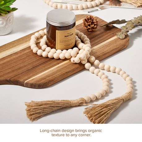 2-Piece Farmhouse Wood Beads Garland with Tassels Boho Home Decor