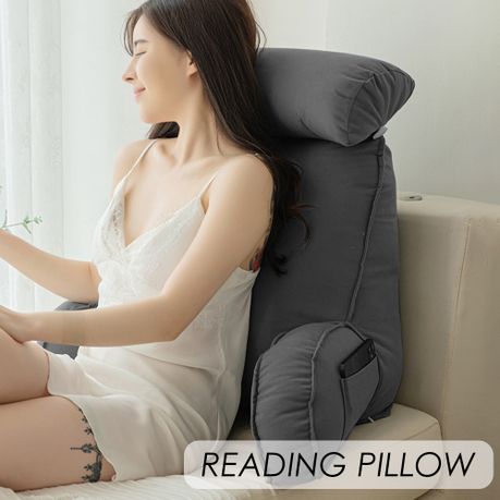 Bed Reading Pillow with Arm Support & Side Pockets - Grey