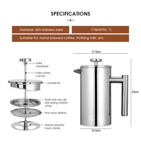 1L Stainless Steel French Press Coffee & Tea Brewer Pot