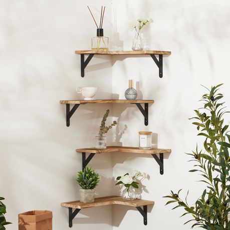 Wall Mounted Floating Corner Shelf Wooden Storage Rack Display Unit - 4 Pack