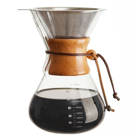 Chenshia 1L Glass Pour Over Coffee Maker Stainless Steel Filter & Wood Grip