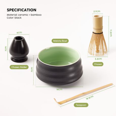 Japanese Matcha Gift Set - 4Pc Ceramic Bowl, Bamboo Whisk & Stand Spout