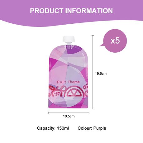 150ml Purple Reusable Baby Puree Pouch (5 Pack)