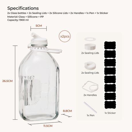 1.9L Glass Milk Bottles with Airtight Lids | 2-Pack