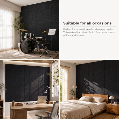 Black Self-Adhesive Acoustic Felt Panels | 12-Pack | 30 × 30 cm