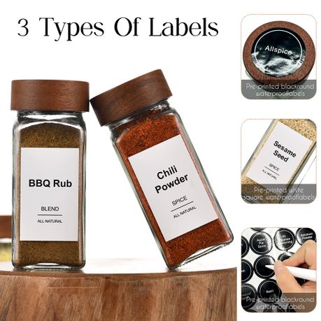 Chenshia 24-Piece Spice Jar Set Walnut Lids-Labels, Grinder, Pen & Funnel